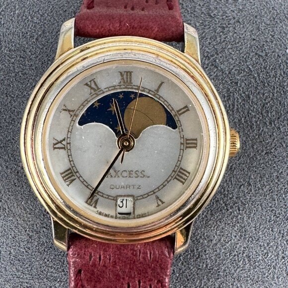 Vintage French Axcess Moon Phase w/Date Mother of Pearl Face Watch